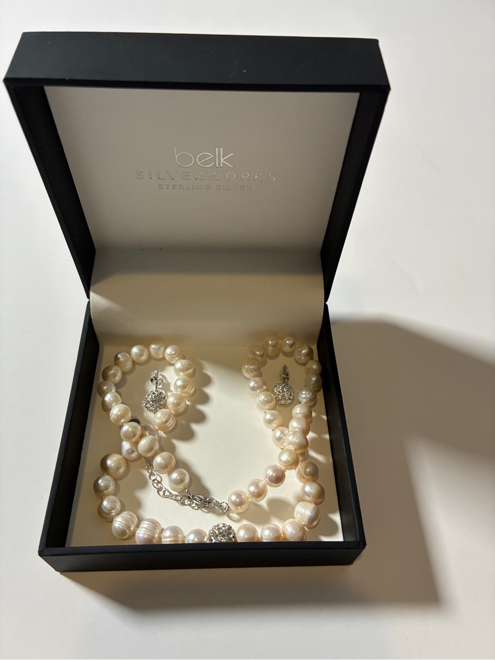 Belk Silverworks sterling pearl necklace and matching crystal stud earrings